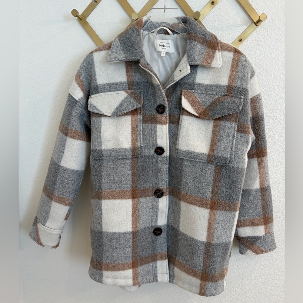 Boheme Plaid Shacket Jacket in Cream Brown Small - Picture 5 of 10